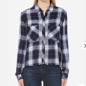 Rails Women's Dylan Shirt Oxford Blue Plaid Size S Cropped Button Front Pockets